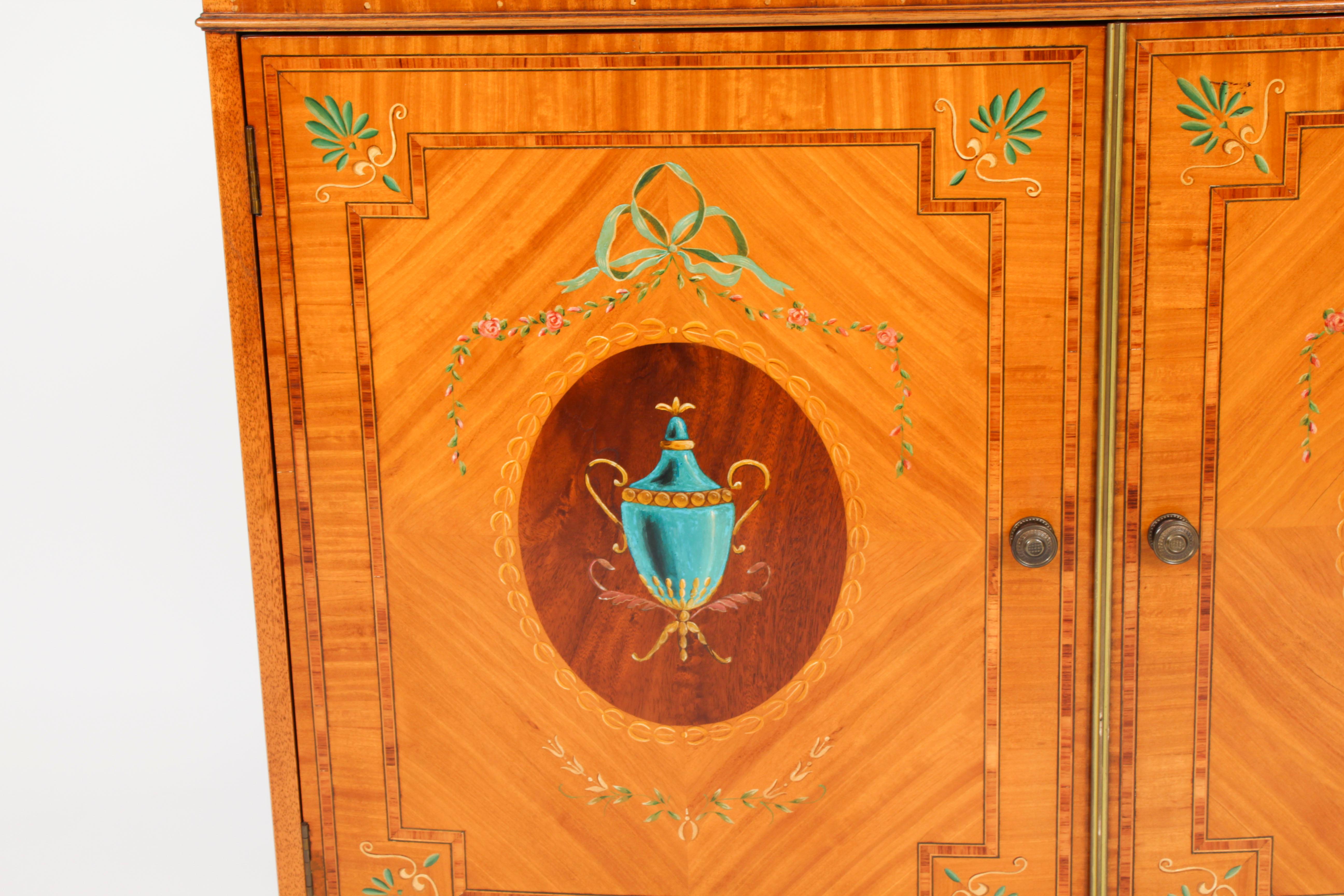 Early 20th Century Antique Edwardian Satinwood Hand-Painted Bowfront Side Cabinet, 19th Century