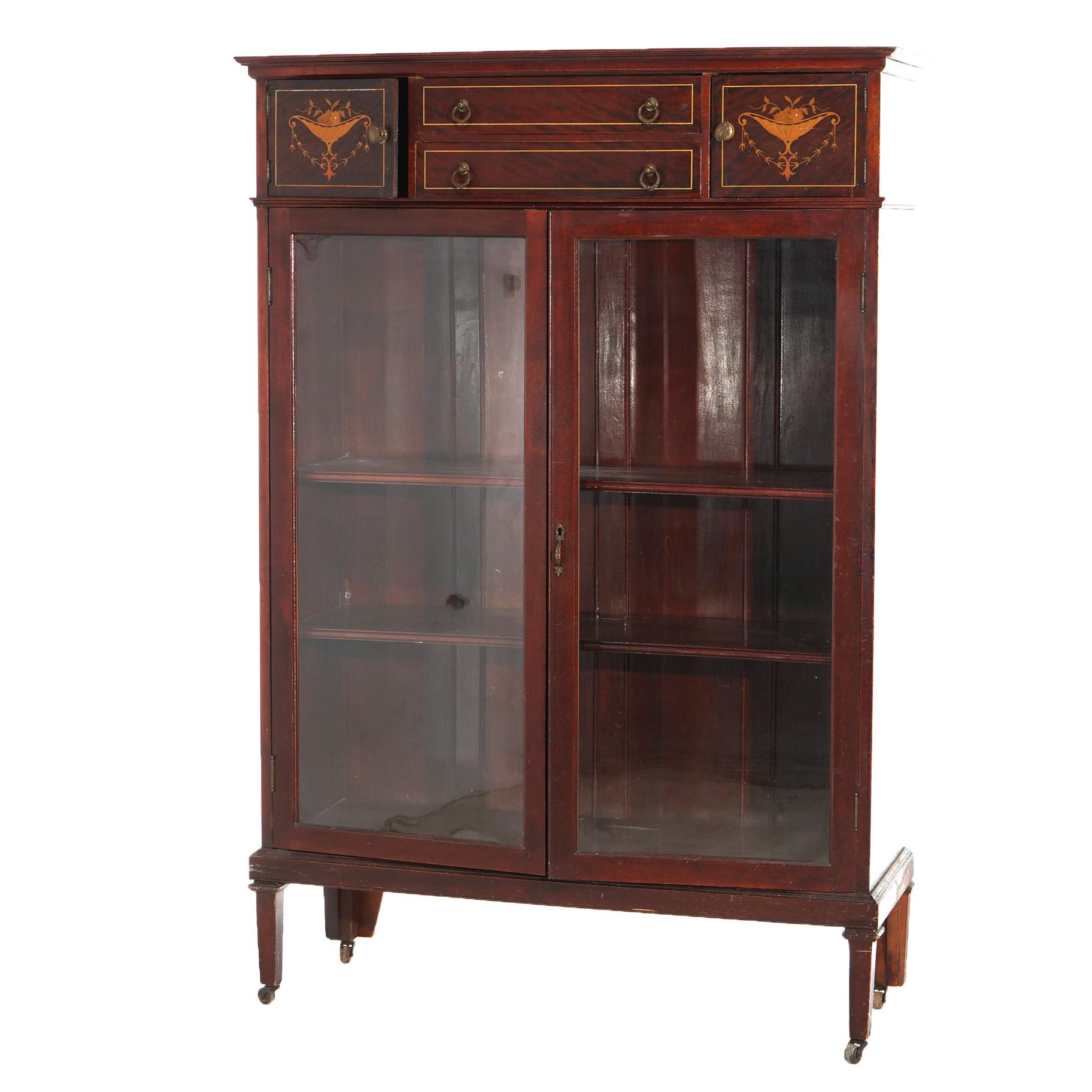 Antique Edwardian Satinwood Inlaid Mahogany Two-Door Bookcase C1910 6