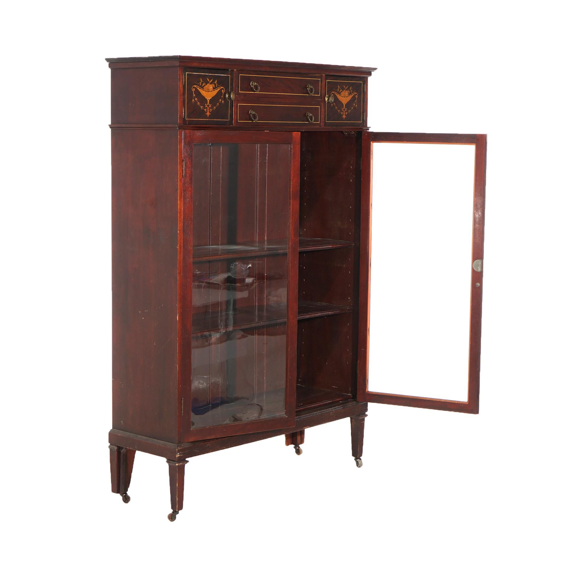 Antique Edwardian Satinwood Inlaid Mahogany Two-Door Bookcase C1910 11