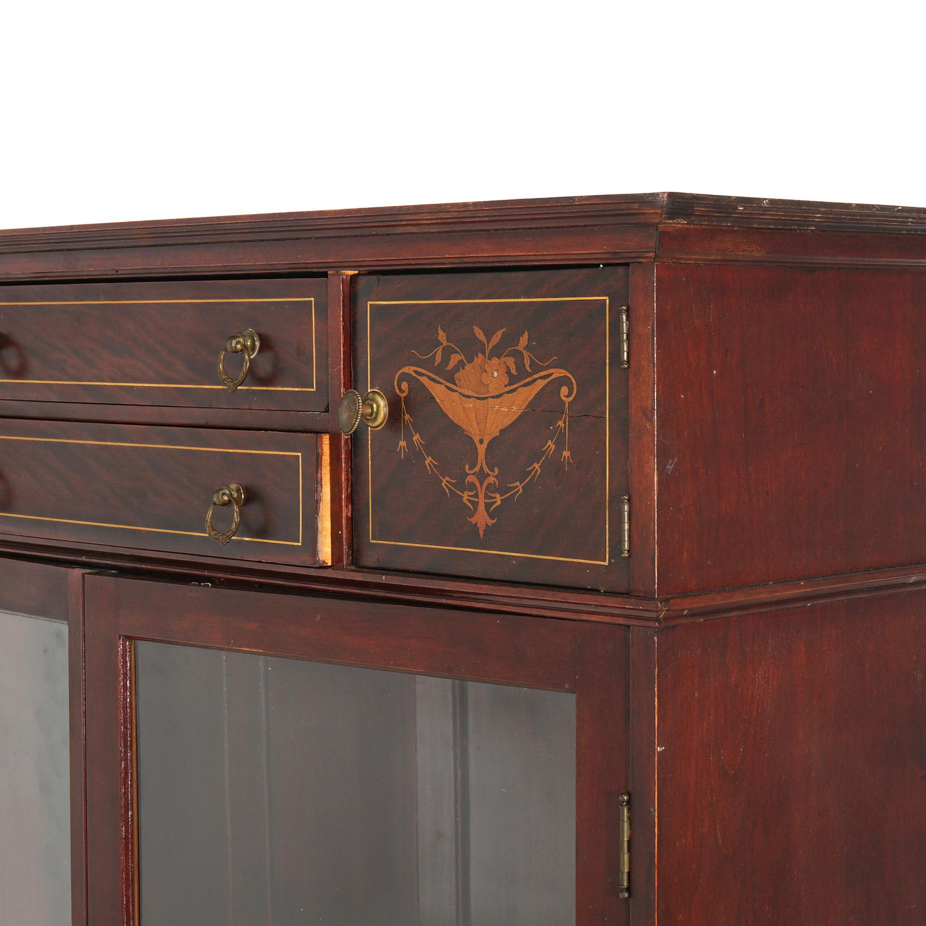 Antique Edwardian Satinwood Inlaid Mahogany Two-Door Bookcase C1910 In Good Condition In Big Flats, NY