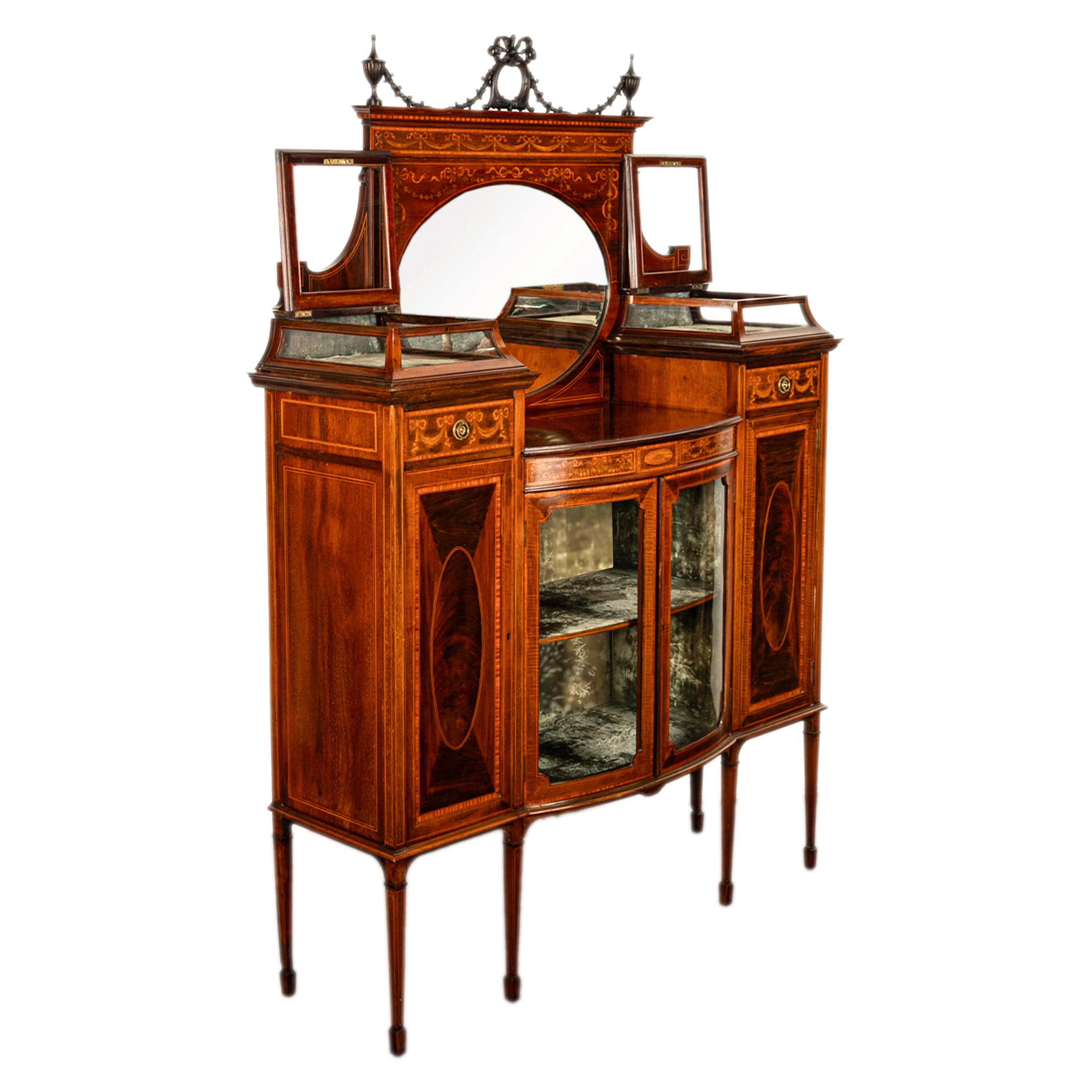 Antigua vitrina eduardiana Sheraton con incrustaciones de caoba Gillows 1898 Inglés en venta