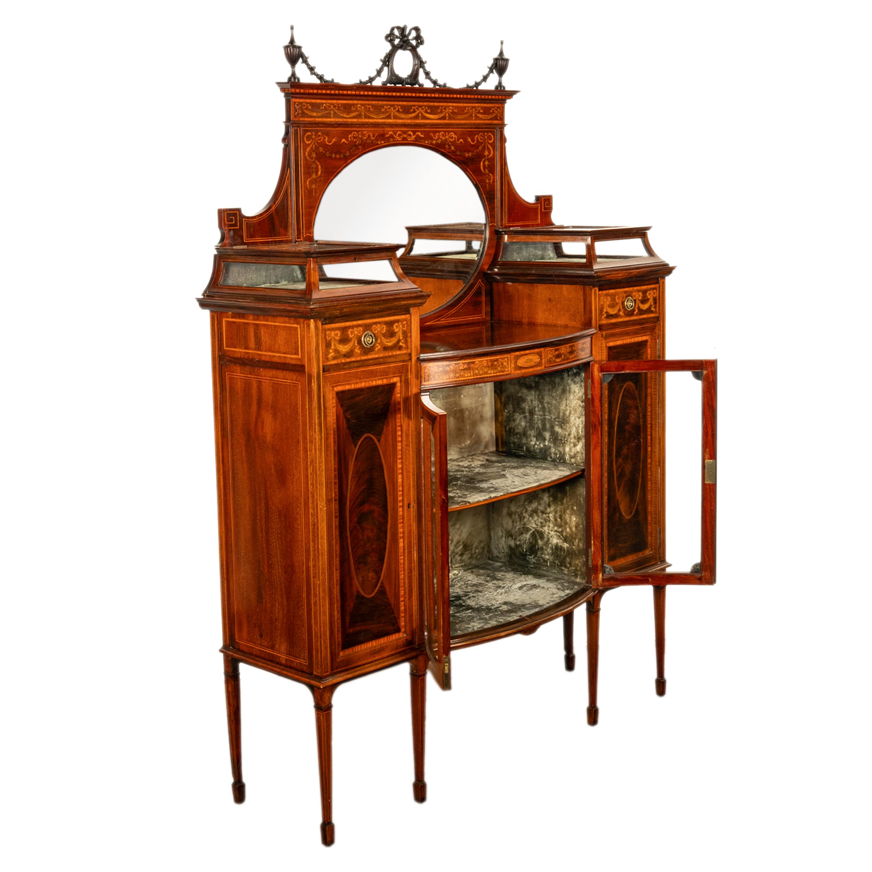 Antigua vitrina eduardiana Sheraton con incrustaciones de caoba Gillows 1898 Incrustación en venta