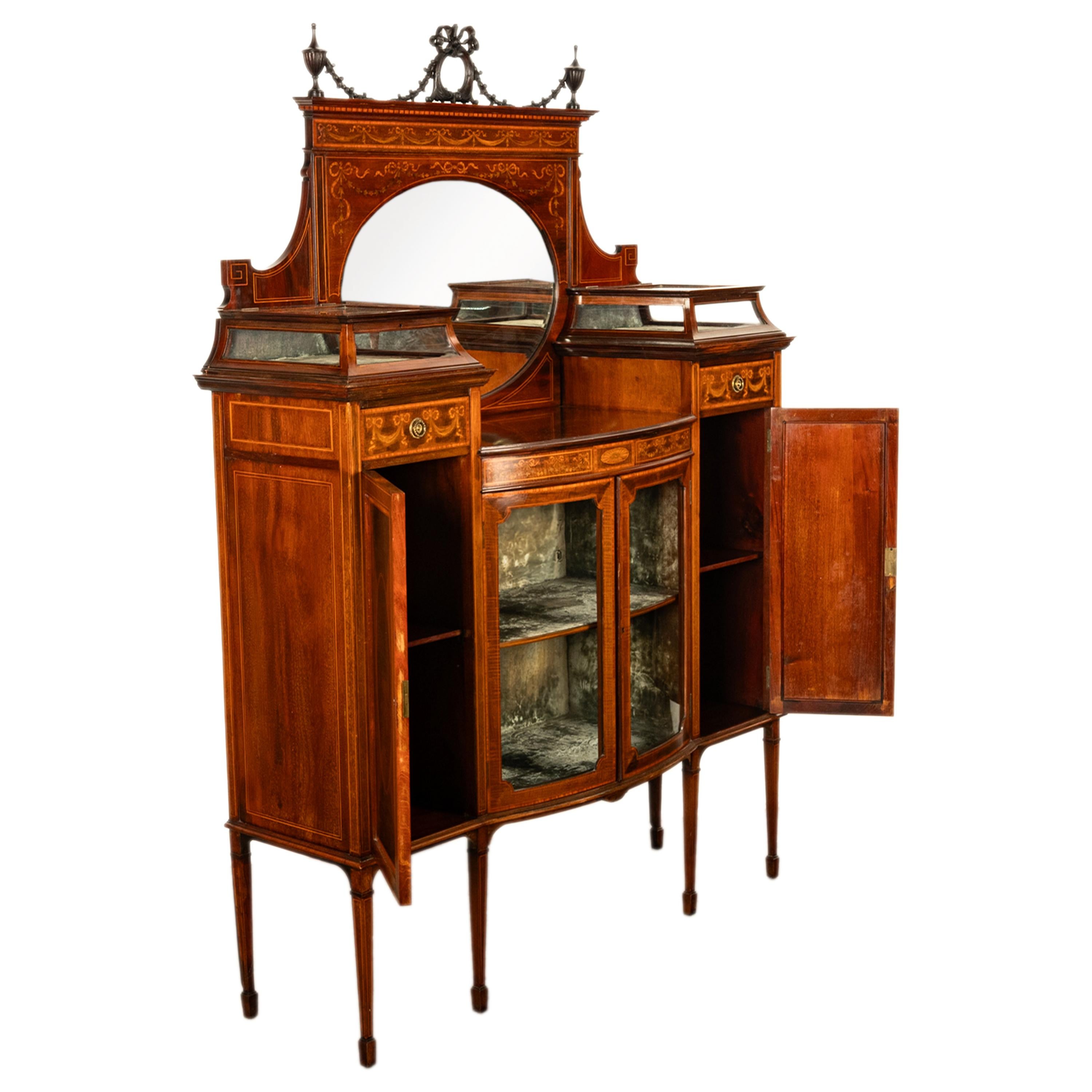 Antigua vitrina eduardiana Sheraton con incrustaciones de caoba Gillows 1898 en Bueno estado para la venta en Portland, OR