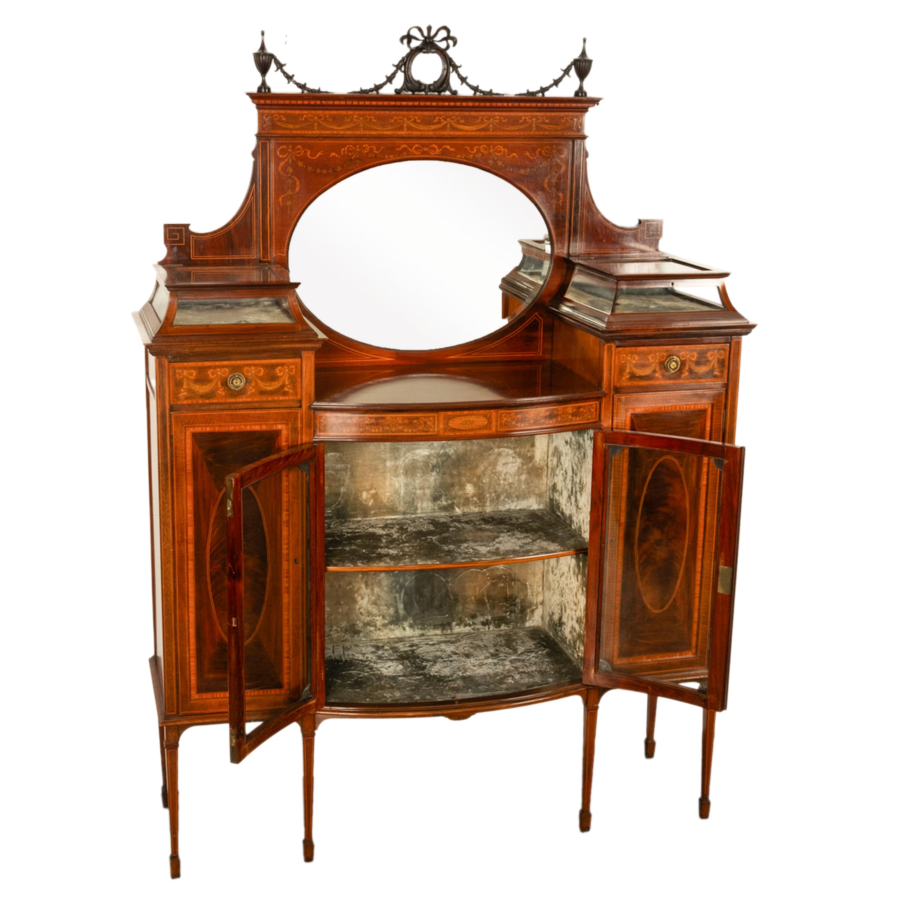 Antigua vitrina eduardiana Sheraton con incrustaciones de caoba Gillows 1898 Espejo en venta