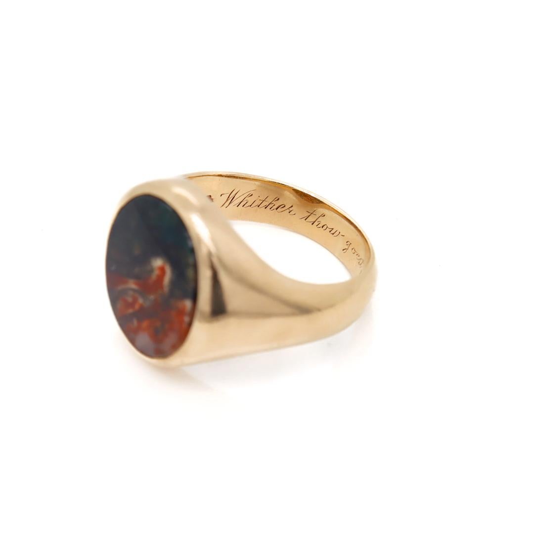 Antique Edwardian Signed 14k Gold and Moss Agate Signet Ring by Krementz 9