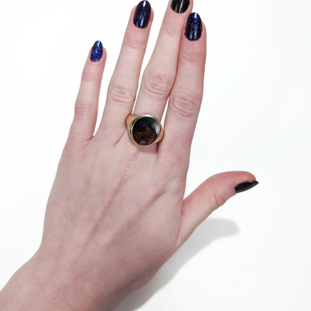 Antique Edwardian Signed 14k Gold and Moss Agate Signet Ring by Krementz 14