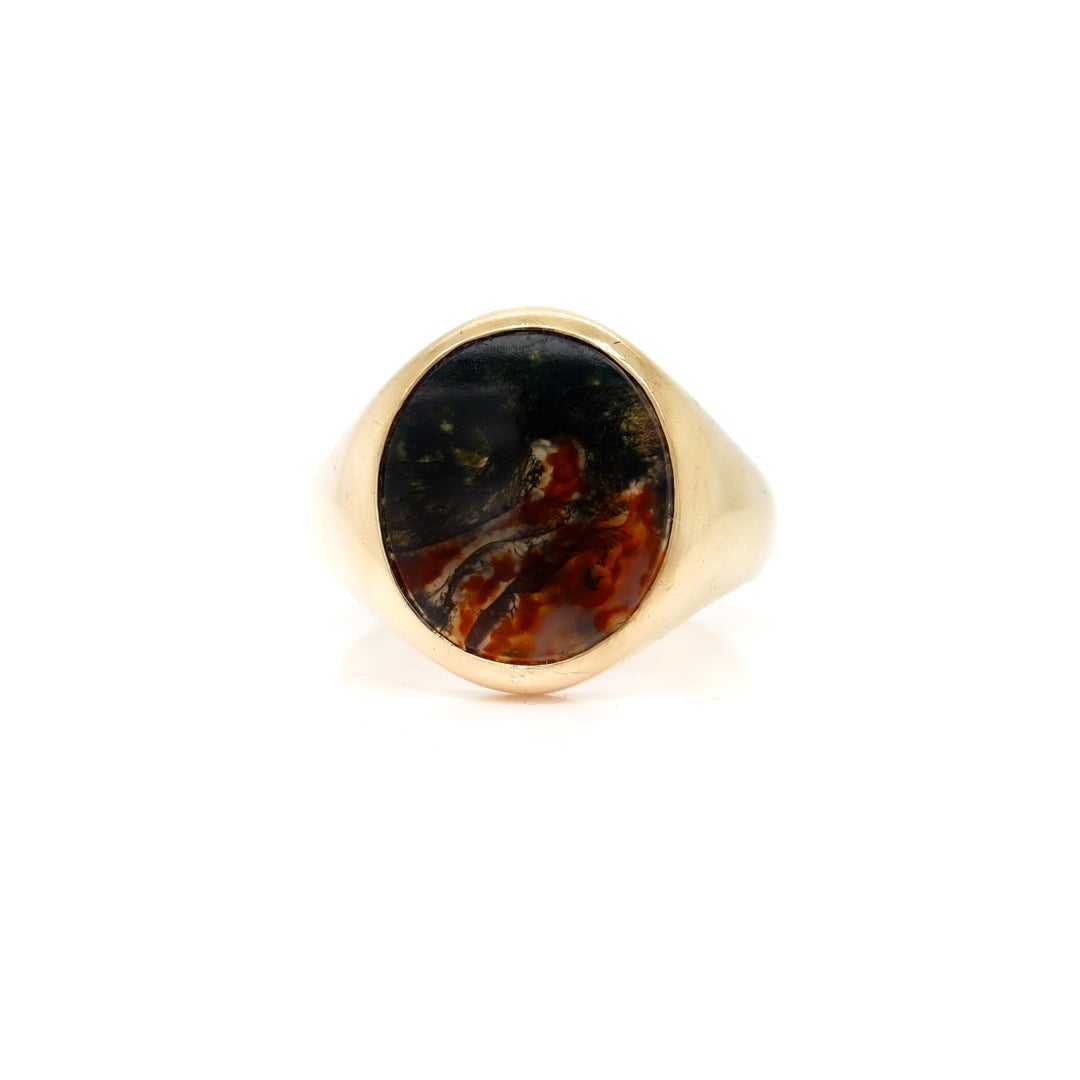 Cabochon Antique Edwardian Signed 14k Gold and Moss Agate Signet Ring by Krementz