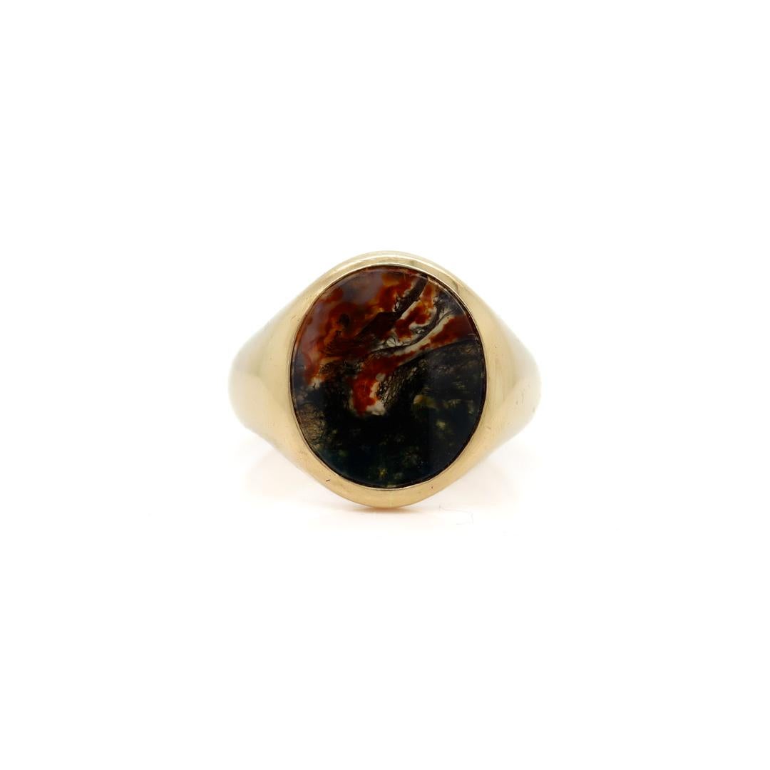 Antique Edwardian Signed 14k Gold and Moss Agate Signet Ring by Krementz In Good Condition In Philadelphia, PA