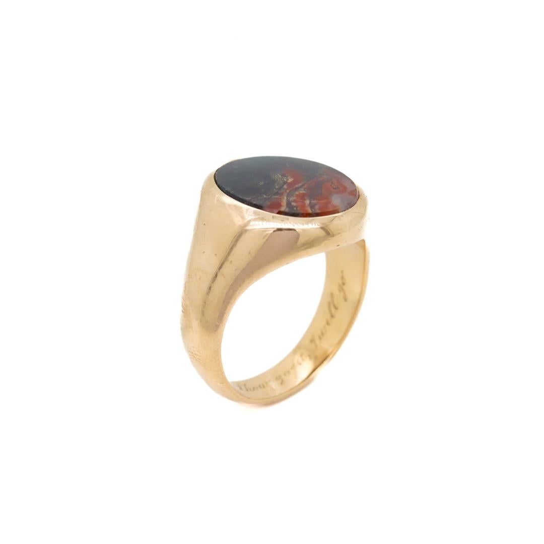 Women's or Men's Antique Edwardian Signed 14k Gold and Moss Agate Signet Ring by Krementz