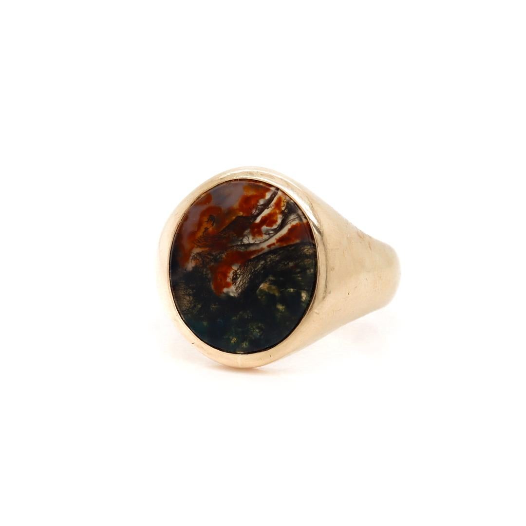 Antique Edwardian Signed 14k Gold and Moss Agate Signet Ring by Krementz 2