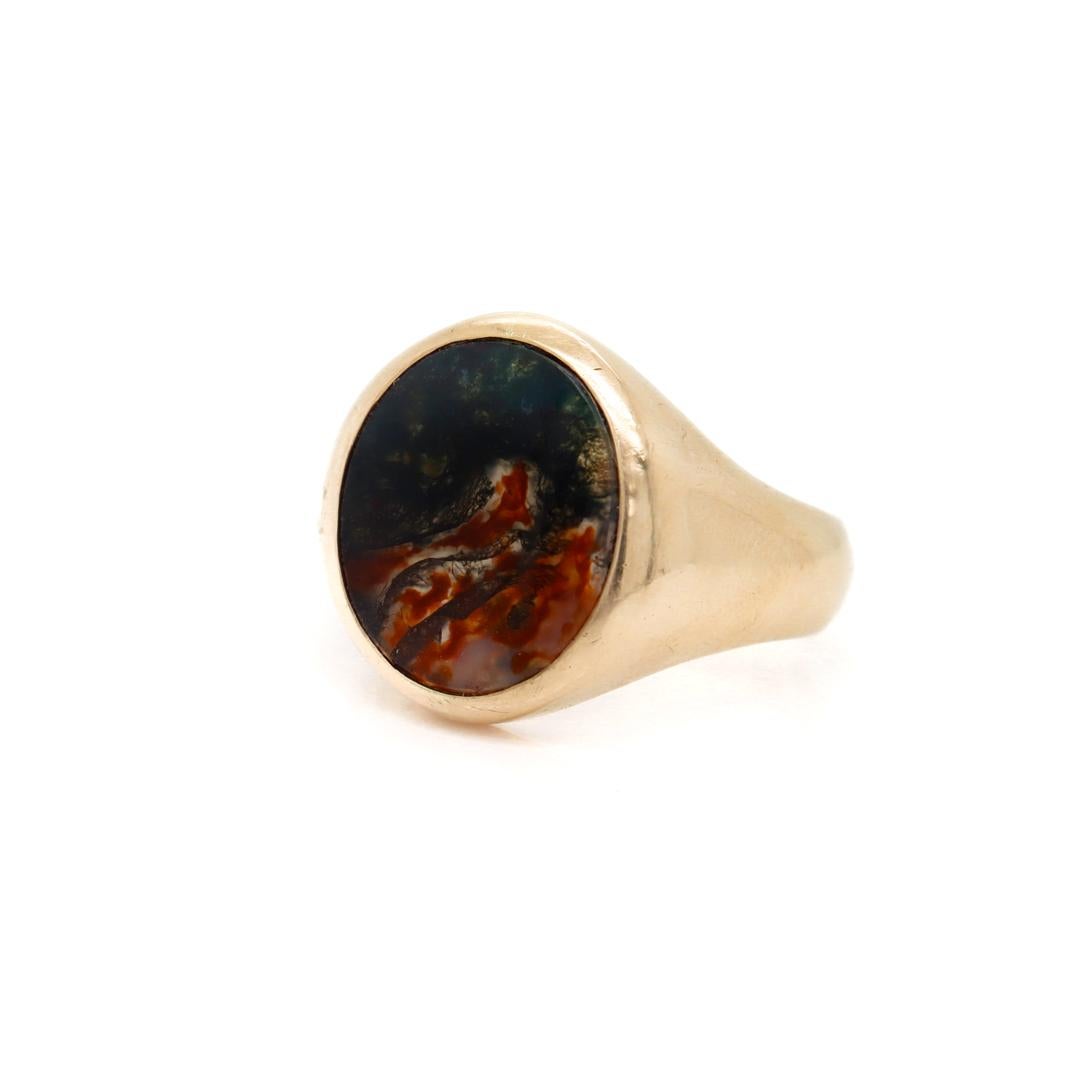 Antique Edwardian Signed 14k Gold and Moss Agate Signet Ring by Krementz 3