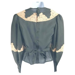 Vintage Edwardian SilkOrganza&Lace Buttoned BowTied Peplum BranquinhoLike Blouse