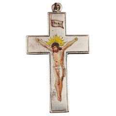 Antique Edwardian Silver and Enamel Cross Pendant, INRI