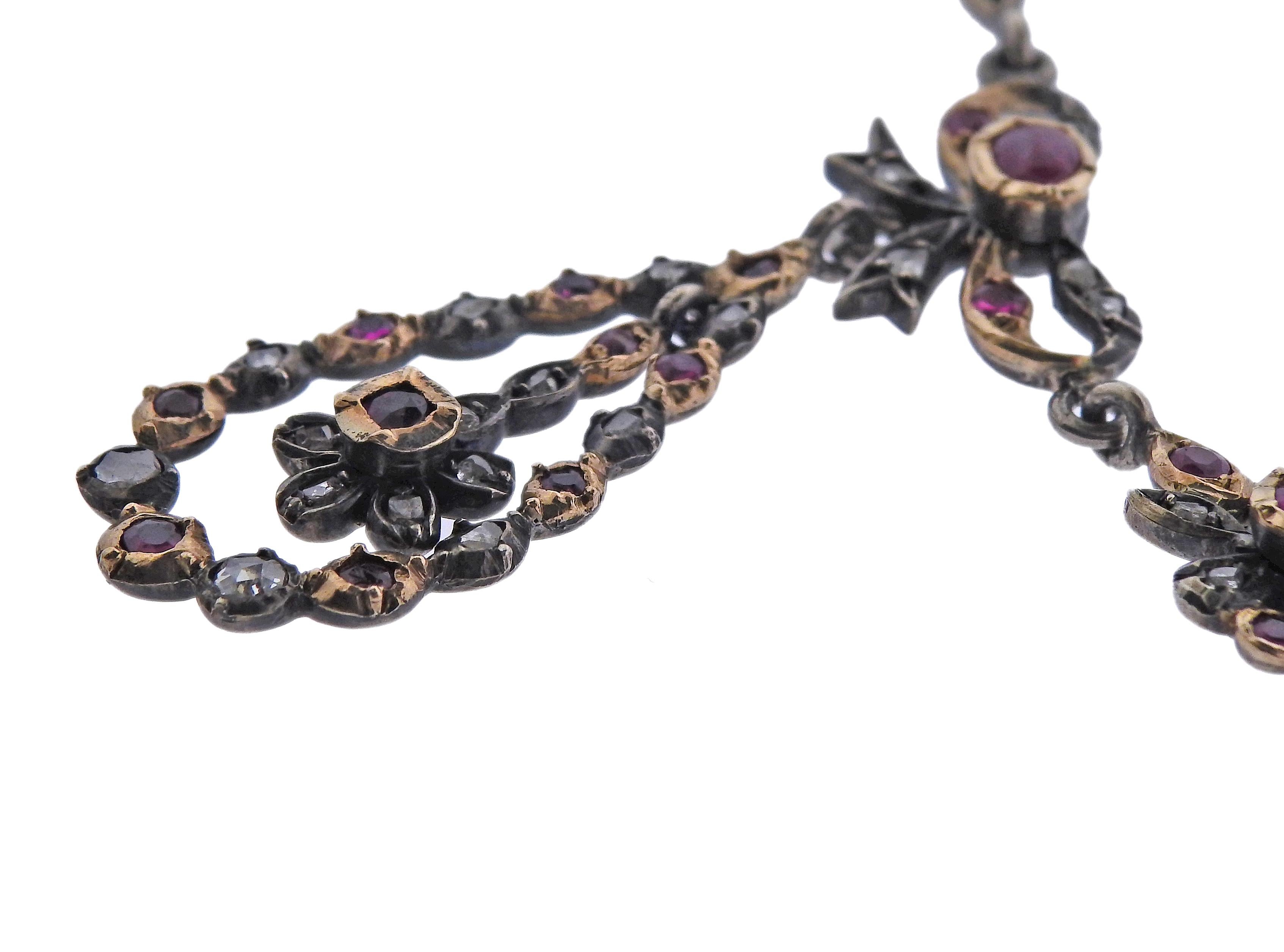 Rose Cut Antique Edwardian Silver and Gold Ruby Diamond Necklace For Sale