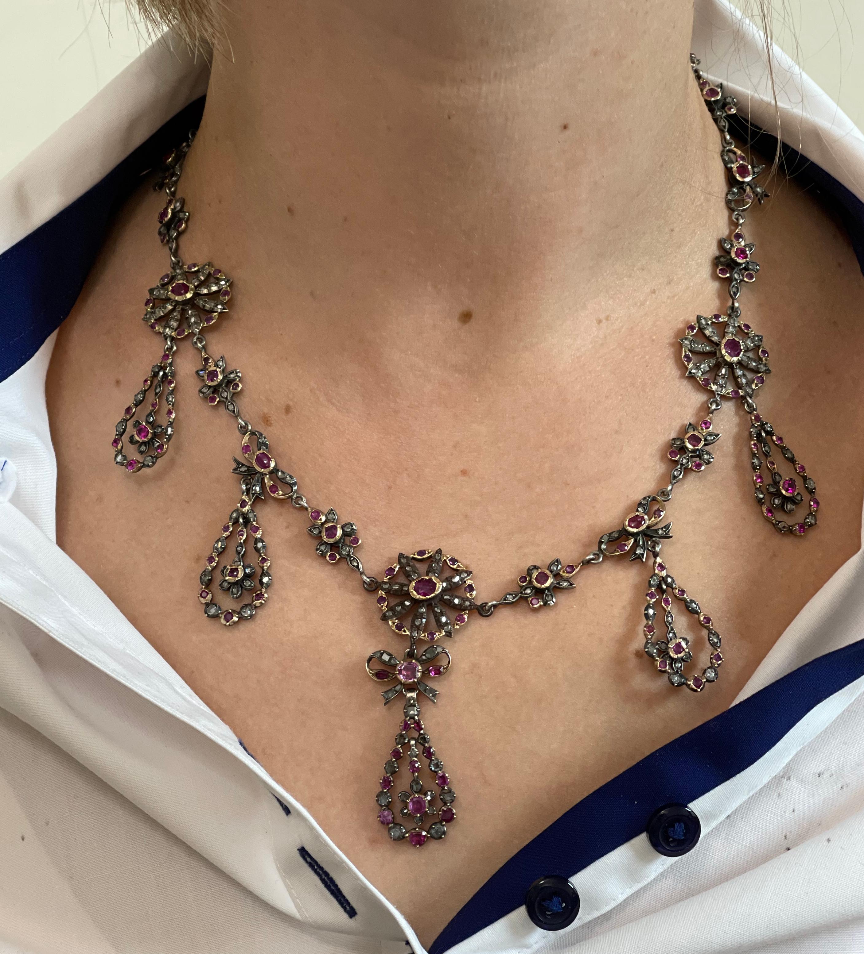 Antike edwardianische Silber- und Gold-Rubin-Diamant-Halskette Damen im Angebot