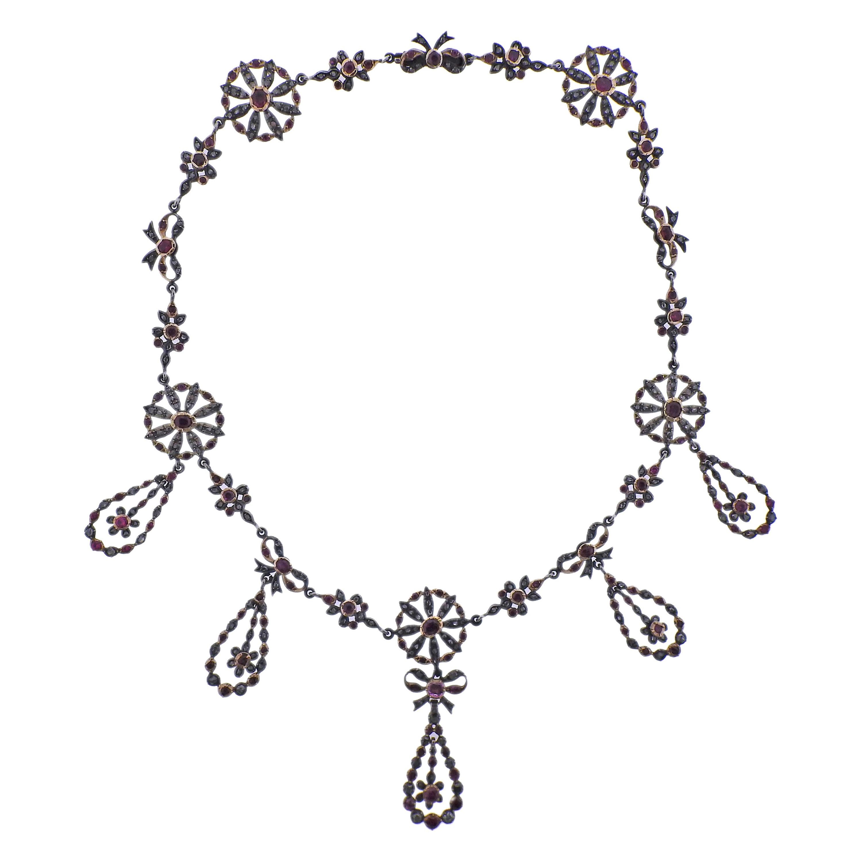 Antique Edwardian Silver and Gold Ruby Diamond Necklace For Sale