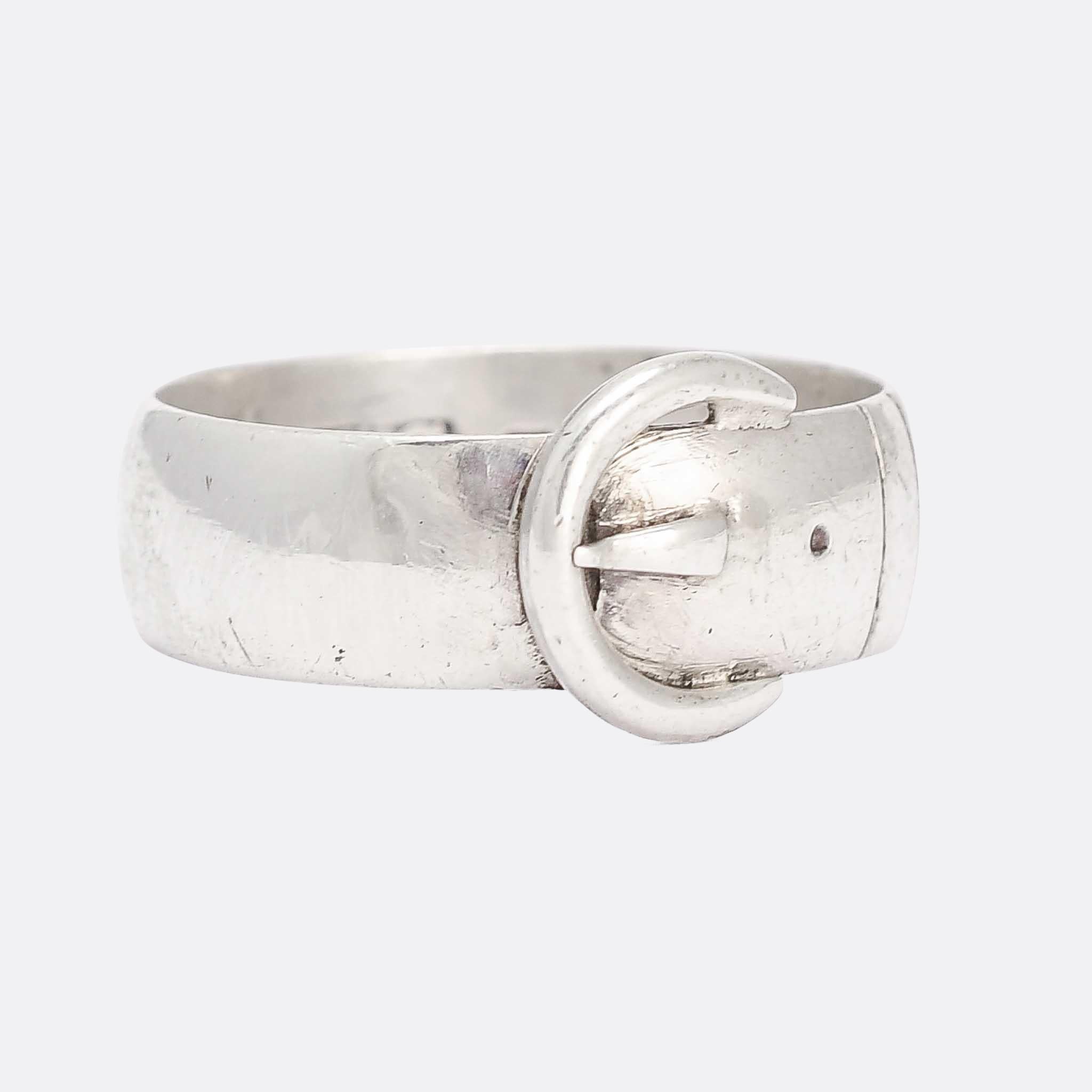 A gorgeous antique buckle ring in sterling silver. It dates from the year 1904, with clear English hallmarks and maker's mark AGG for Alfred George Griffiths of Hylton Street, Birmingham. It's a lovely quality, handmade piece that remains in great