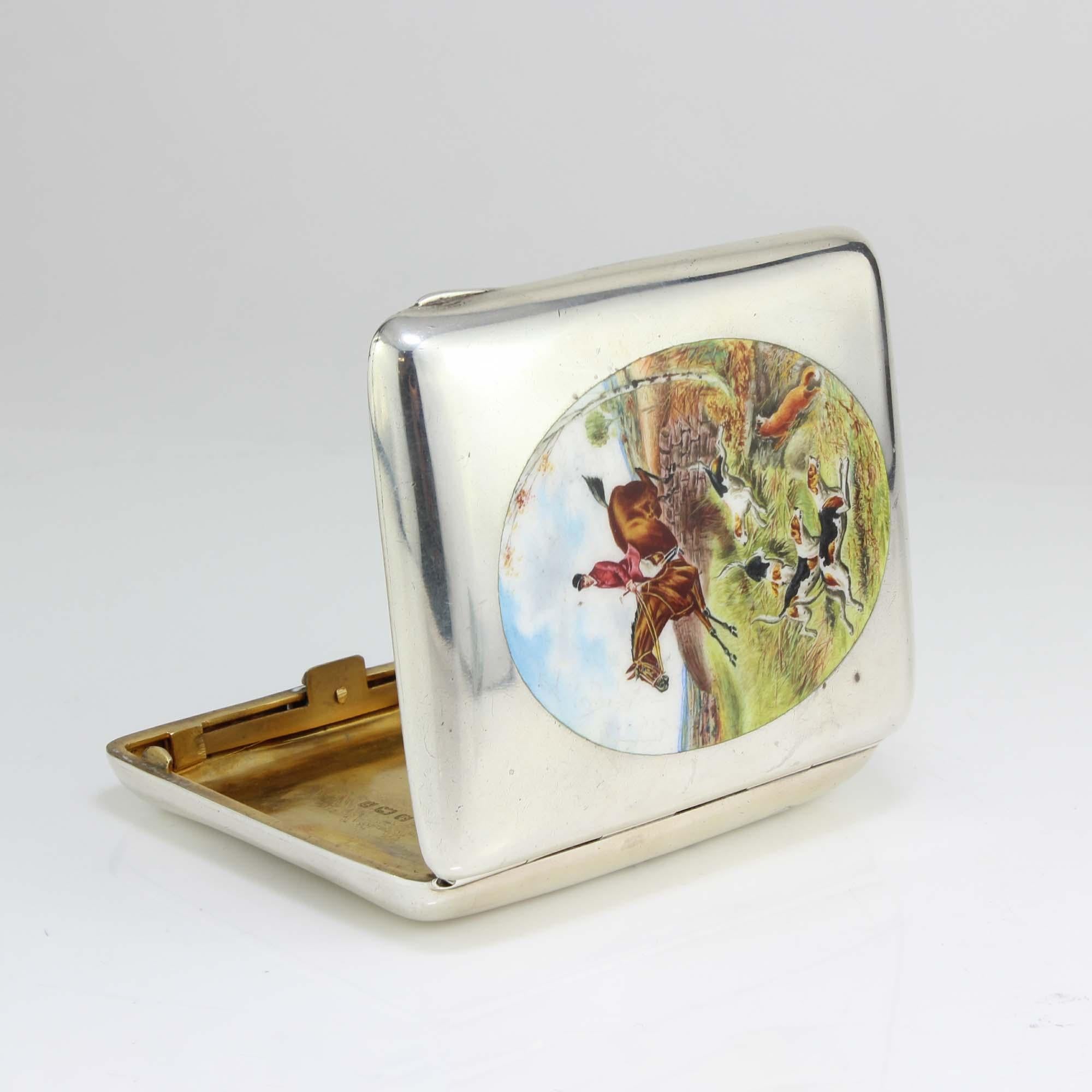 European Antique Edwardian Silver Cigarette Box with Enamelled Picture For Sale