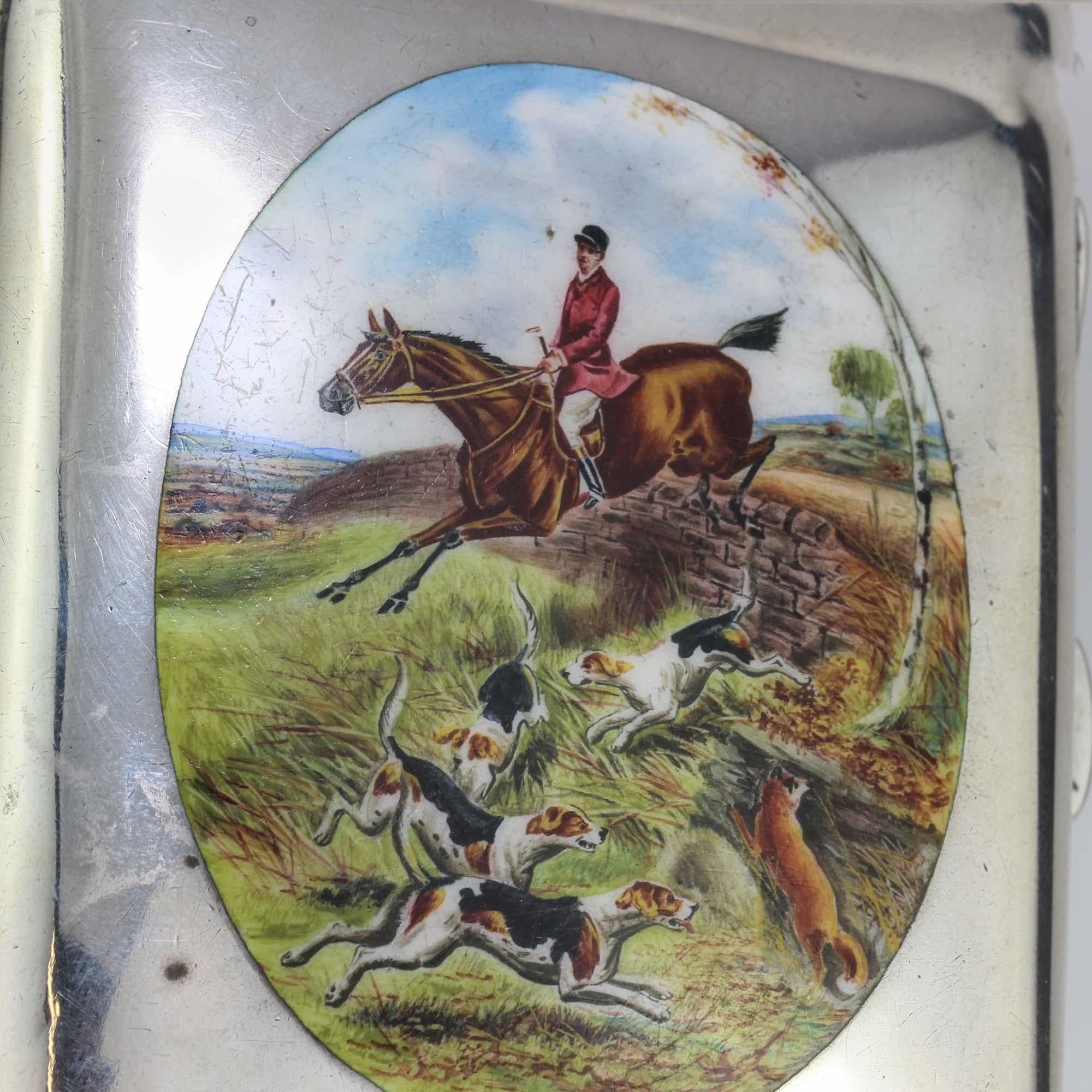 Early 20th Century Antique Edwardian Silver Cigarette Box with Enamelled Picture For Sale