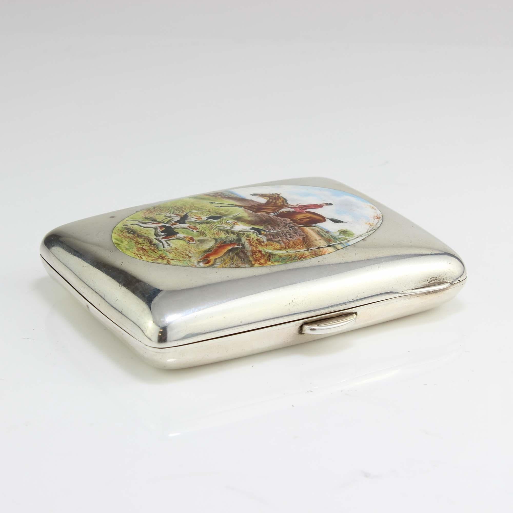 Antique Edwardian Silver Cigarette Box with Enamelled Picture For Sale 1