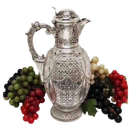 Antique Edwardian Silver & Cut Glass Claret Jug / Wine Decanter 1904