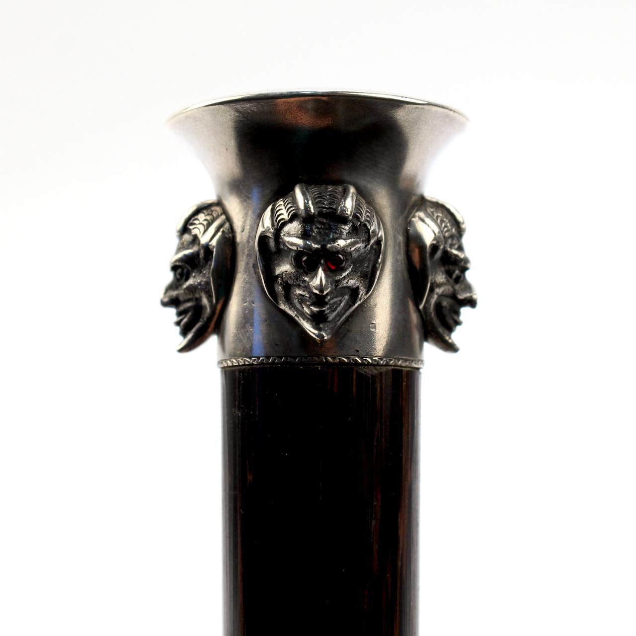 Antique Edwardian Silver and Gemstone Devil's Head Mask Cane / Walking Stick In Good Condition In Philadelphia, PA