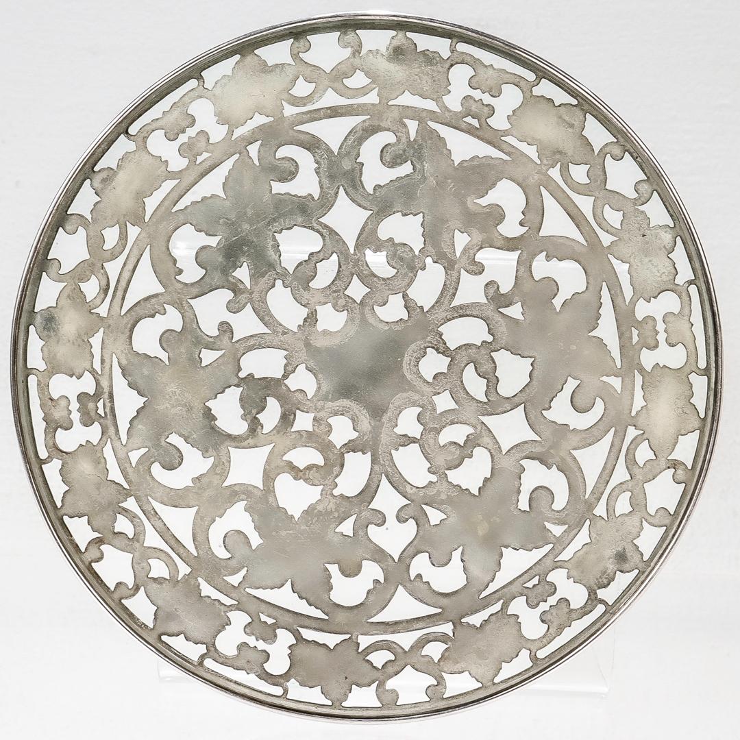 Women's or Men's Antique Edwardian Silver Overlay & Glass Floral Wine Coaster or Table Trivet For Sale