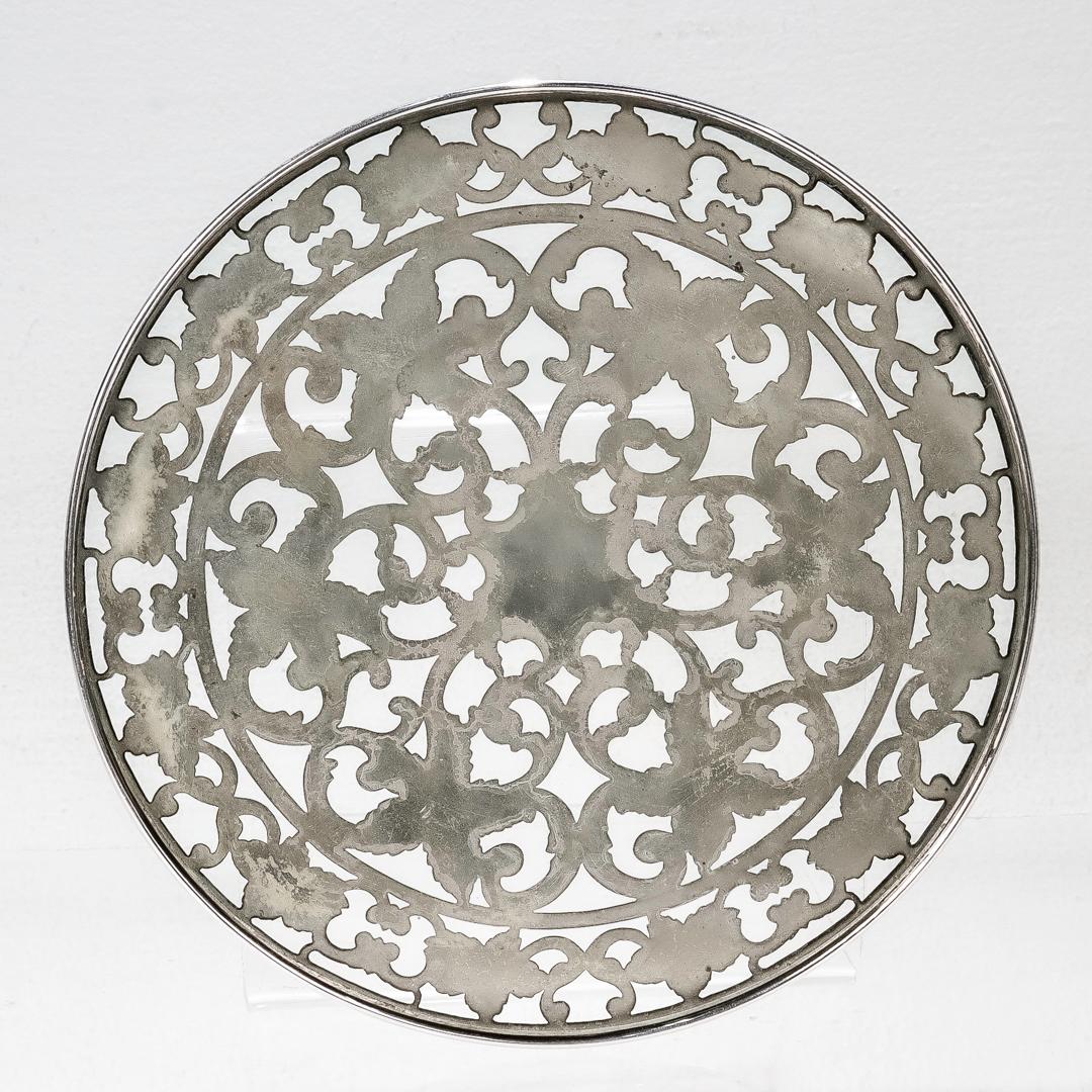 Women's or Men's Antique Edwardian Silver Overlay & Glass Floral Wine Coaster or Table Trivet For Sale