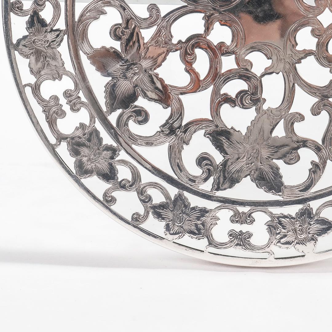 Antique Edwardian Silver Overlay & Glass Floral Wine Coaster or Table Trivet For Sale 1