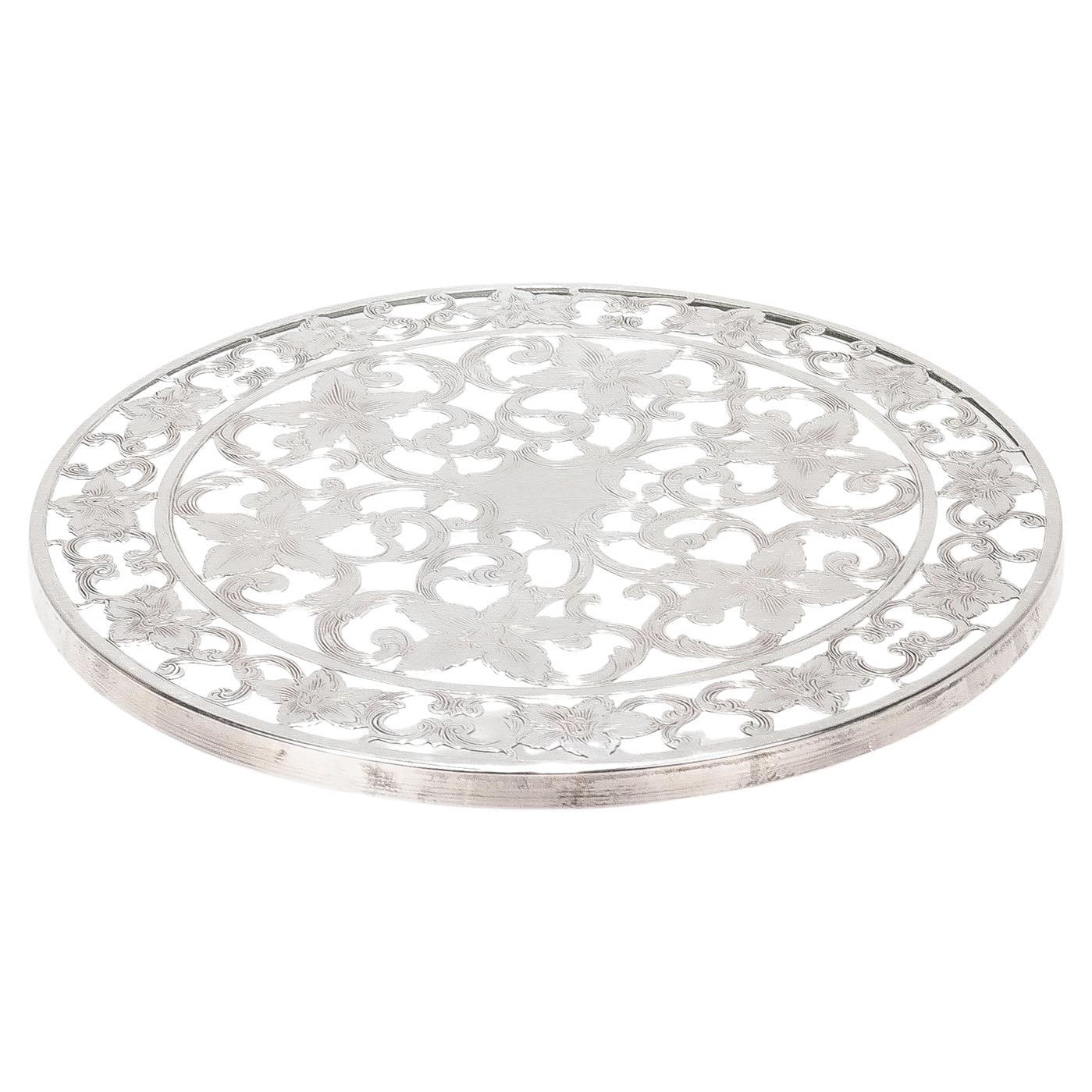 Antique Edwardian Silver Overlay & Glass Floral Wine Coaster or Table Trivet For Sale