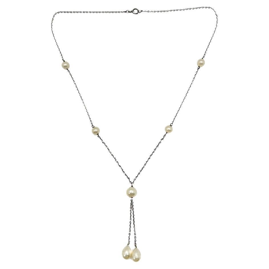Collier lavalier édouardien ancien en argent et perles des années 1910