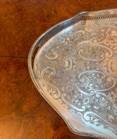Antique Edwardian Silver Plated Engraved Tea Tray with Pierced Gallery