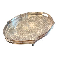 Antique Edwardian Silver Plated Engraved Tea Tray with Pierced Gallery