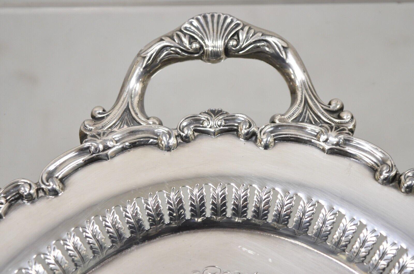 Antique Edwardian Silver Plated Oval Serving Platter Tray w/ Pierced Decoration In Good Condition In Philadelphia, PA