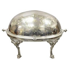 Antique Edwardian Silver Plated Revolving Dome Oval Breakfast Food Warmer