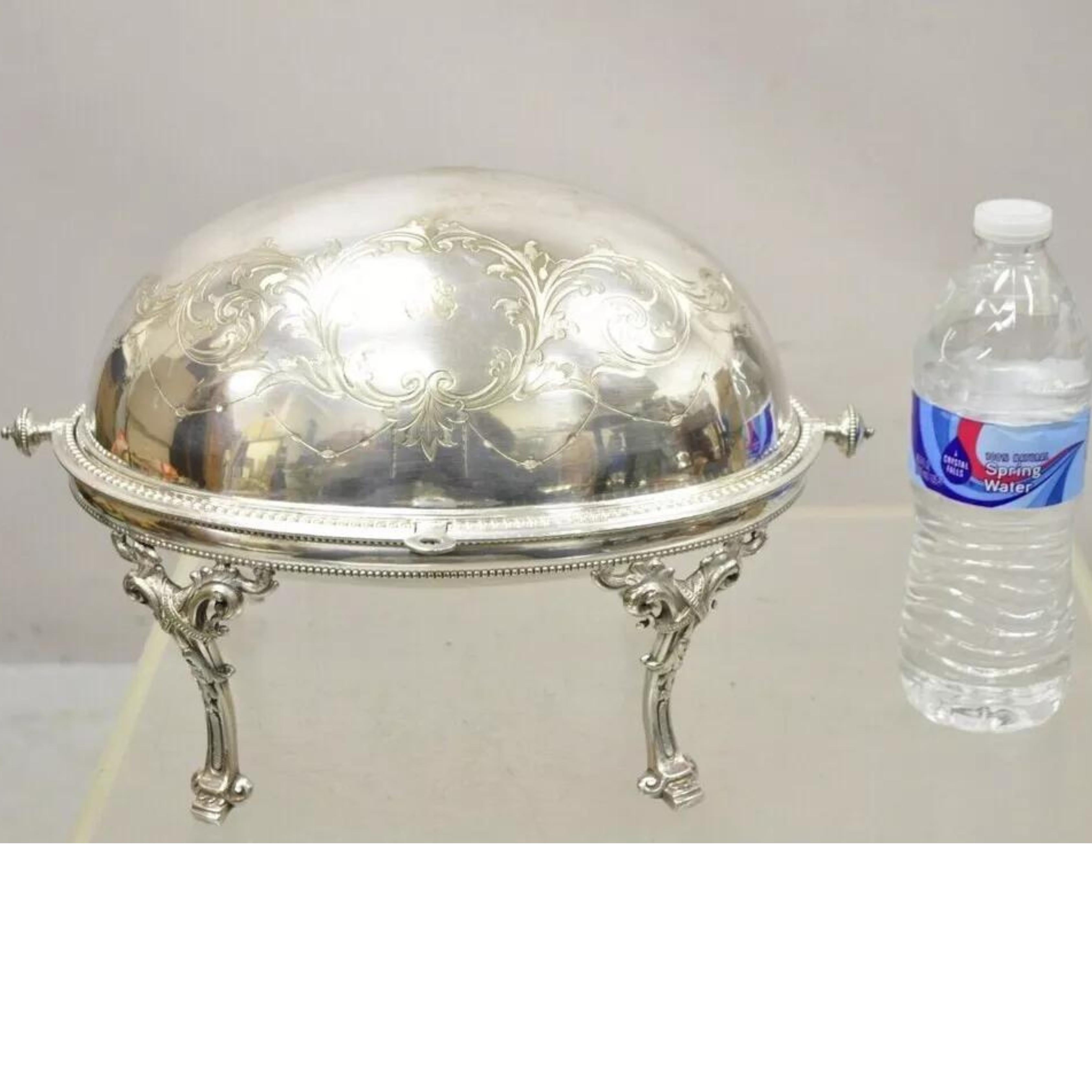 Antique Edwardian Silver Plated Revolving Dome Oval Chafing Dish Food Warmer For Sale 4