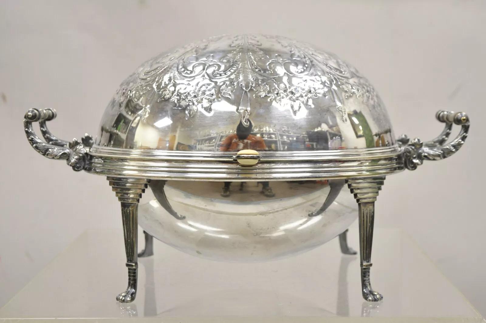 Antico scaldavivande edoardiano a cupola ovale girevole placcato in argento in vendita 5