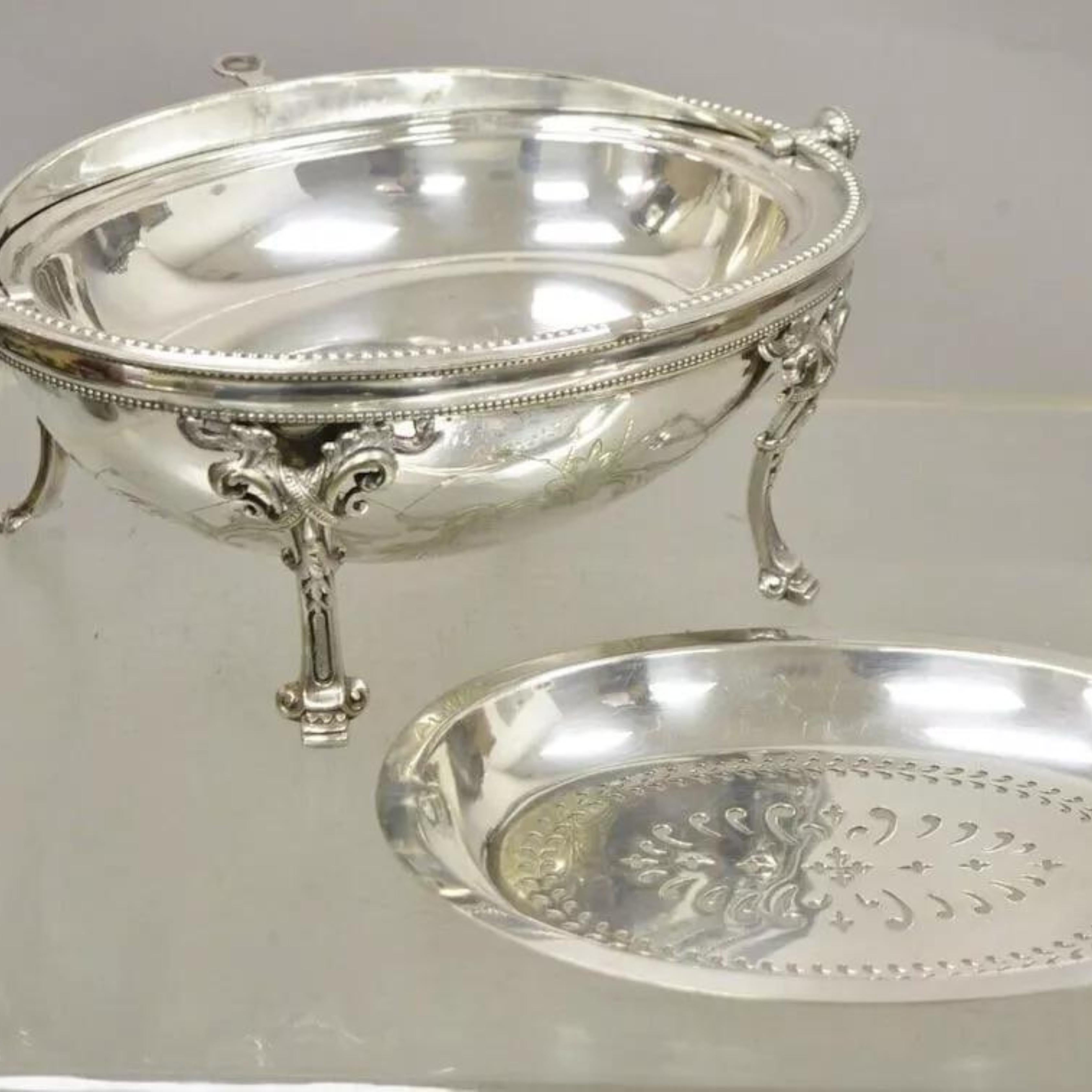 Antique Edwardian Silver Plated Revolving Dome Oval Chafing Dish Food Warmer. Item features Monogram etching 