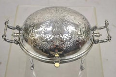 Antique Edwardian Silver Plated Revolving Dome Oval Chafing Dish Food Warmer