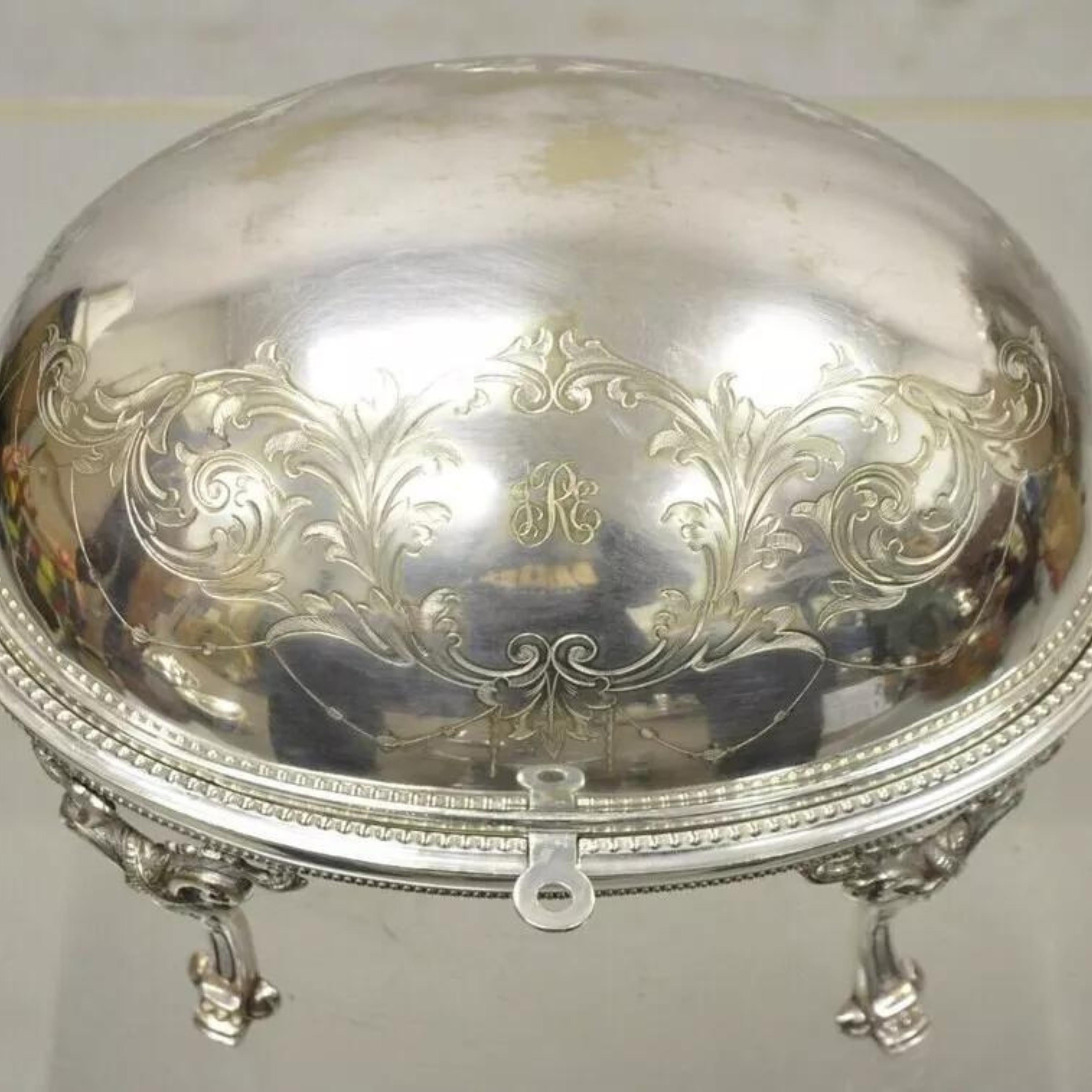 20th Century Antique Edwardian Silver Plated Revolving Dome Oval Chafing Dish Food Warmer For Sale