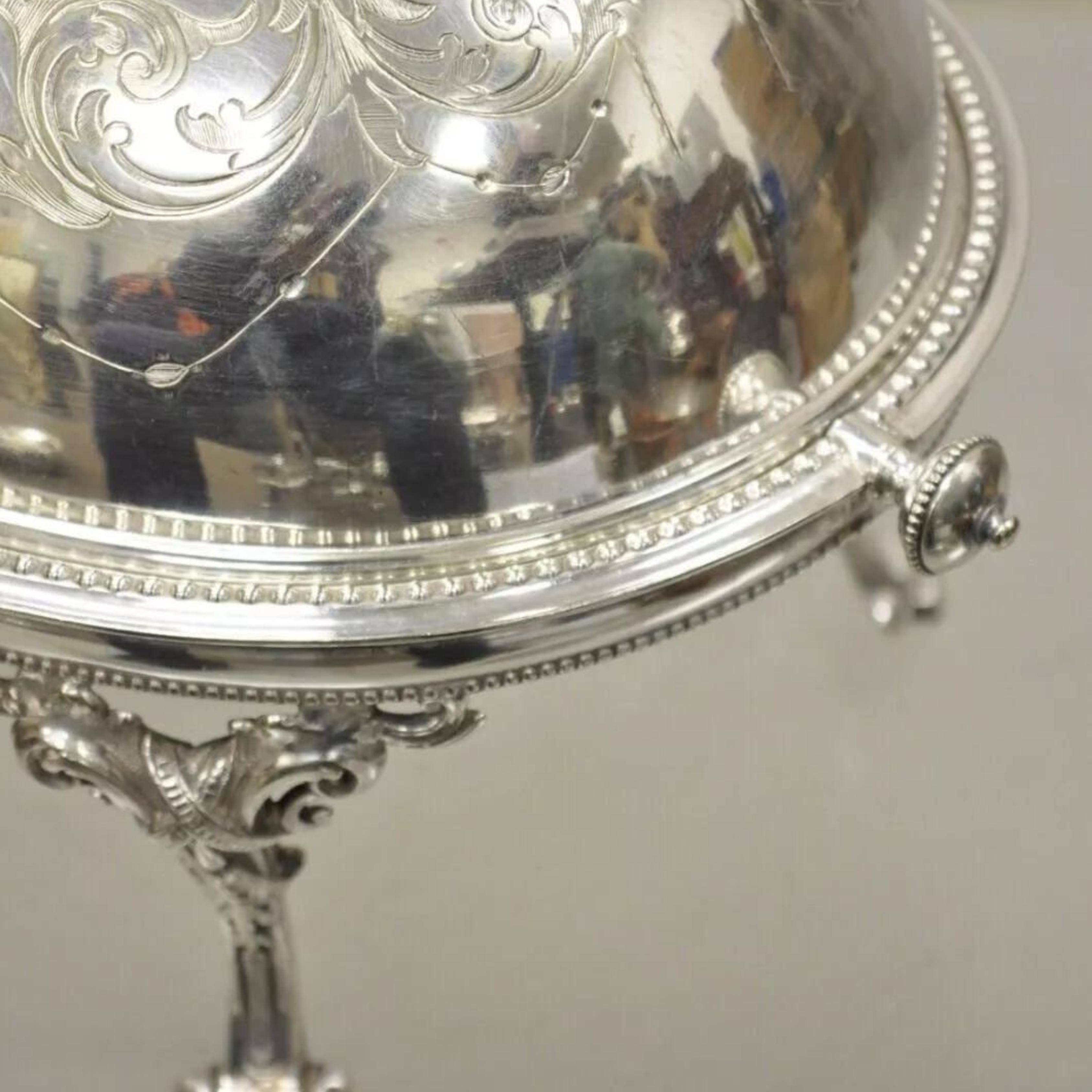 Antique Edwardian Silver Plated Revolving Dome Oval Chafing Dish Food Warmer For Sale 3