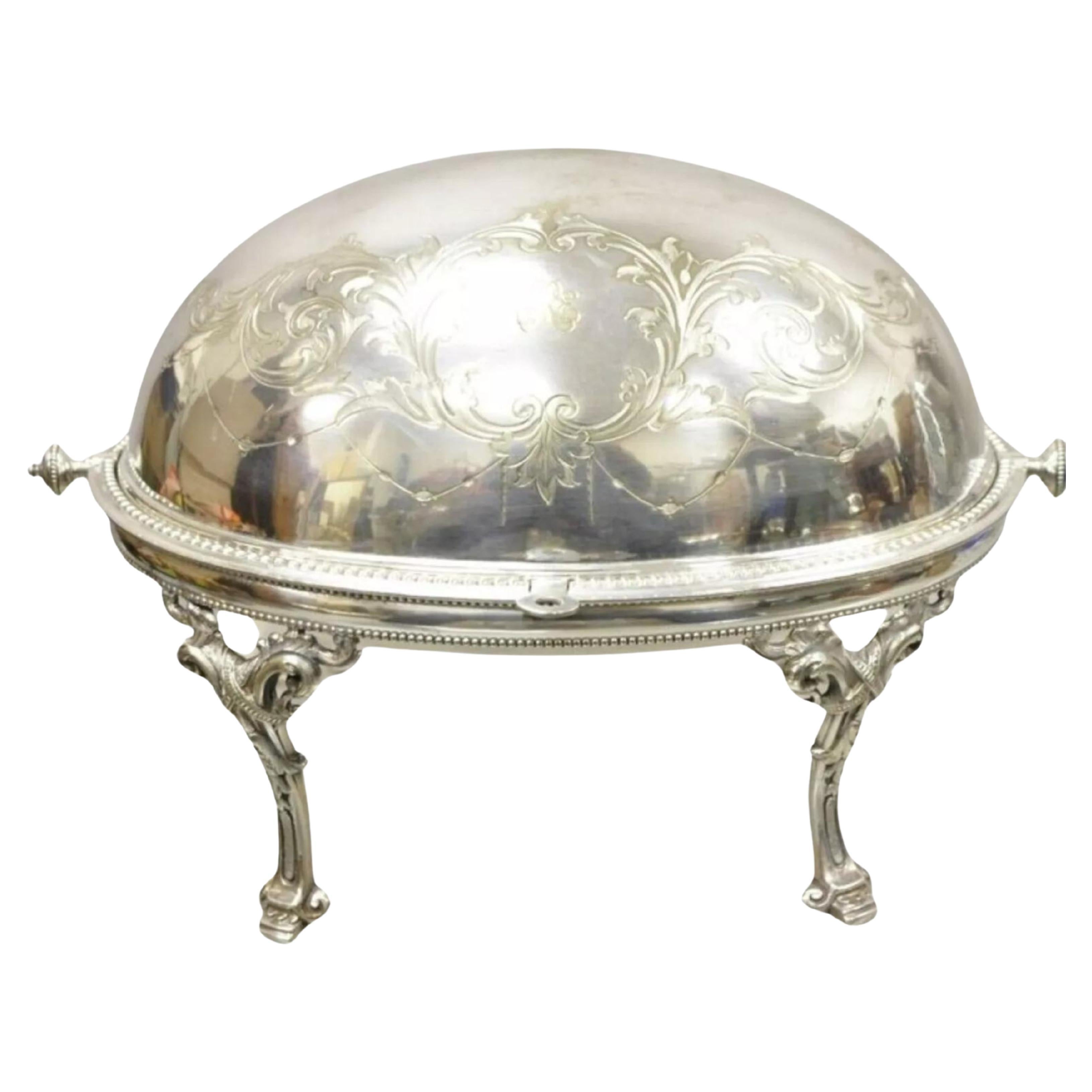Antique Edwardian Silver Plated Revolving Dome Oval Chafing Dish Food Warmer For Sale