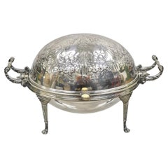 Antique Edwardian Silver Plated Revolving Dome Oval Chafing Dish Food Warmer