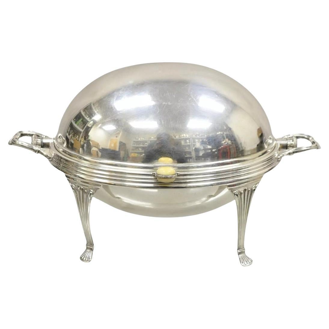 Antiguo calientaplatos ovalado de cúpula giratoria con baño de plata eduardiano