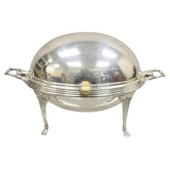 Antique Edwardian Silver Plated Revolving Dome Oval Chafing Dish Food Warmer