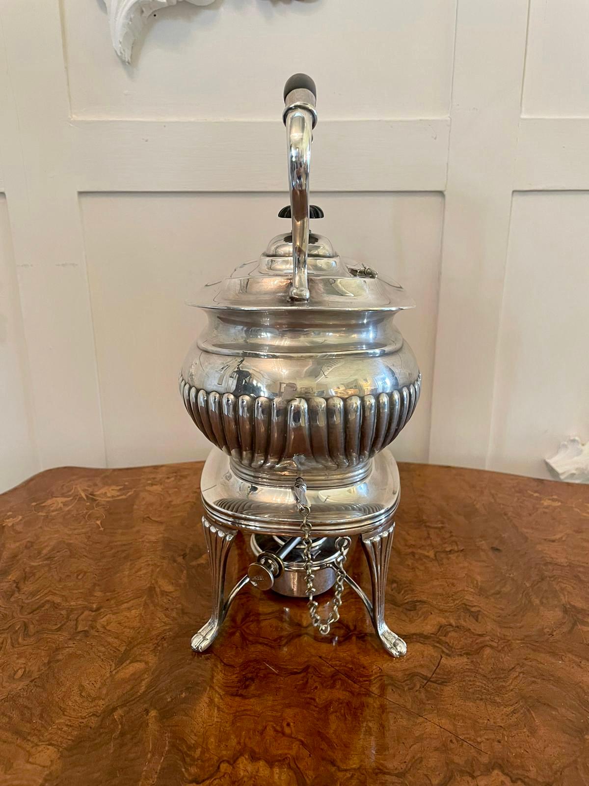 English Antique Edwardian Silver Plated Spirit Kettle on Stand For Sale