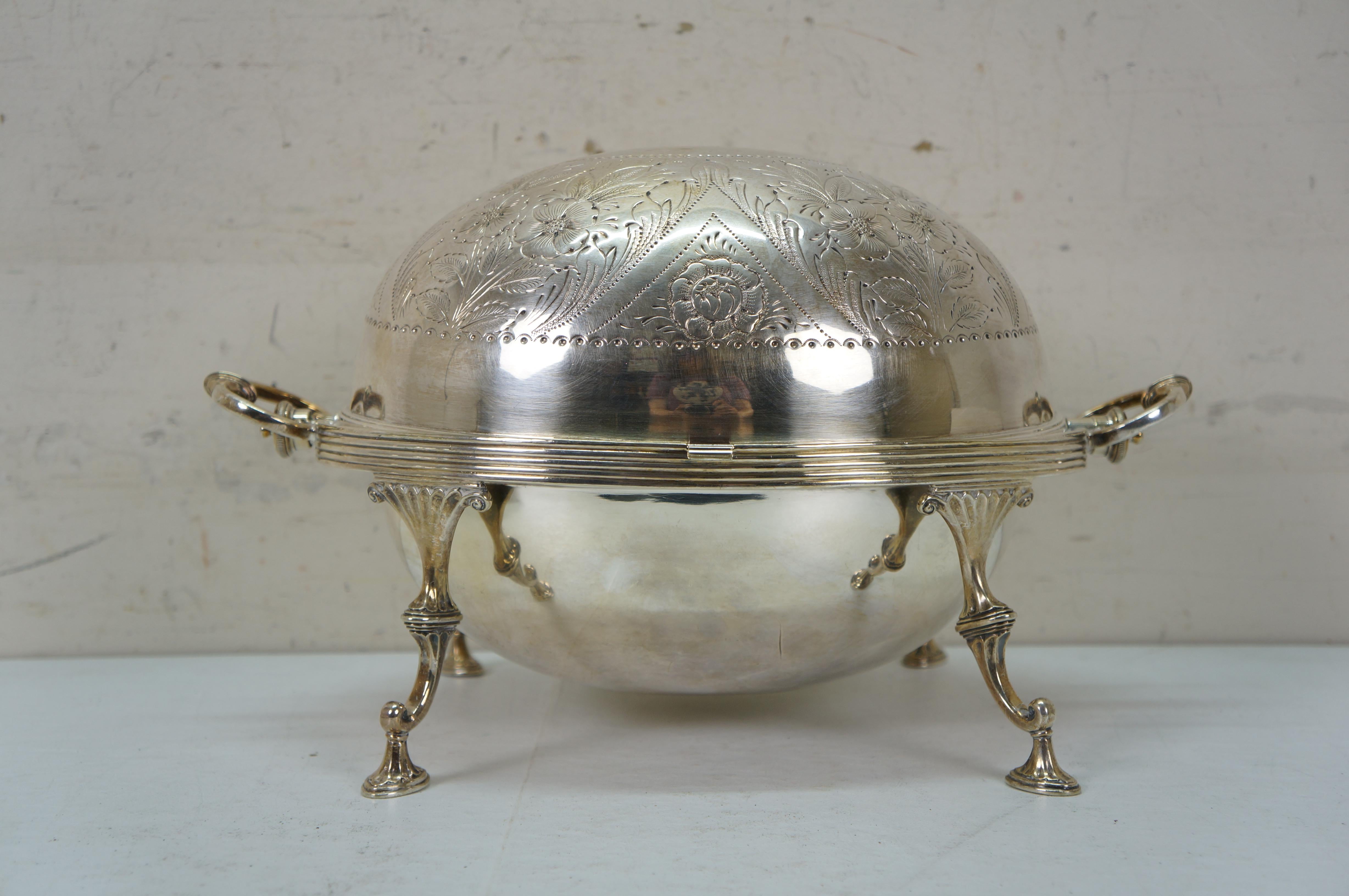 Antique Edwardian Silverplate Revolving Domed Chafing Dish Server Warmer 14