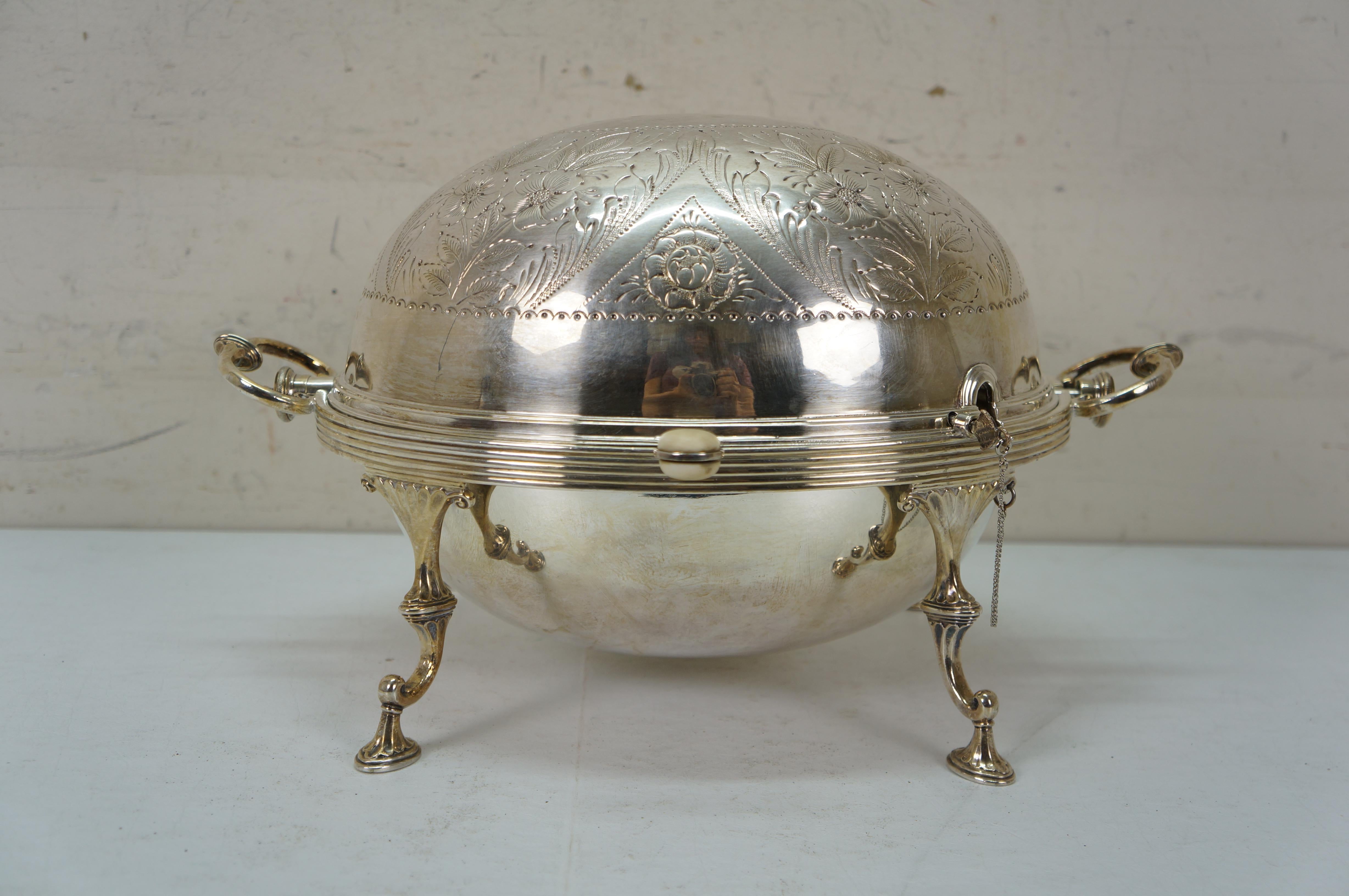 Silver Plate Antique Edwardian Silverplate Revolving Domed Chafing Dish Server Warmer 14