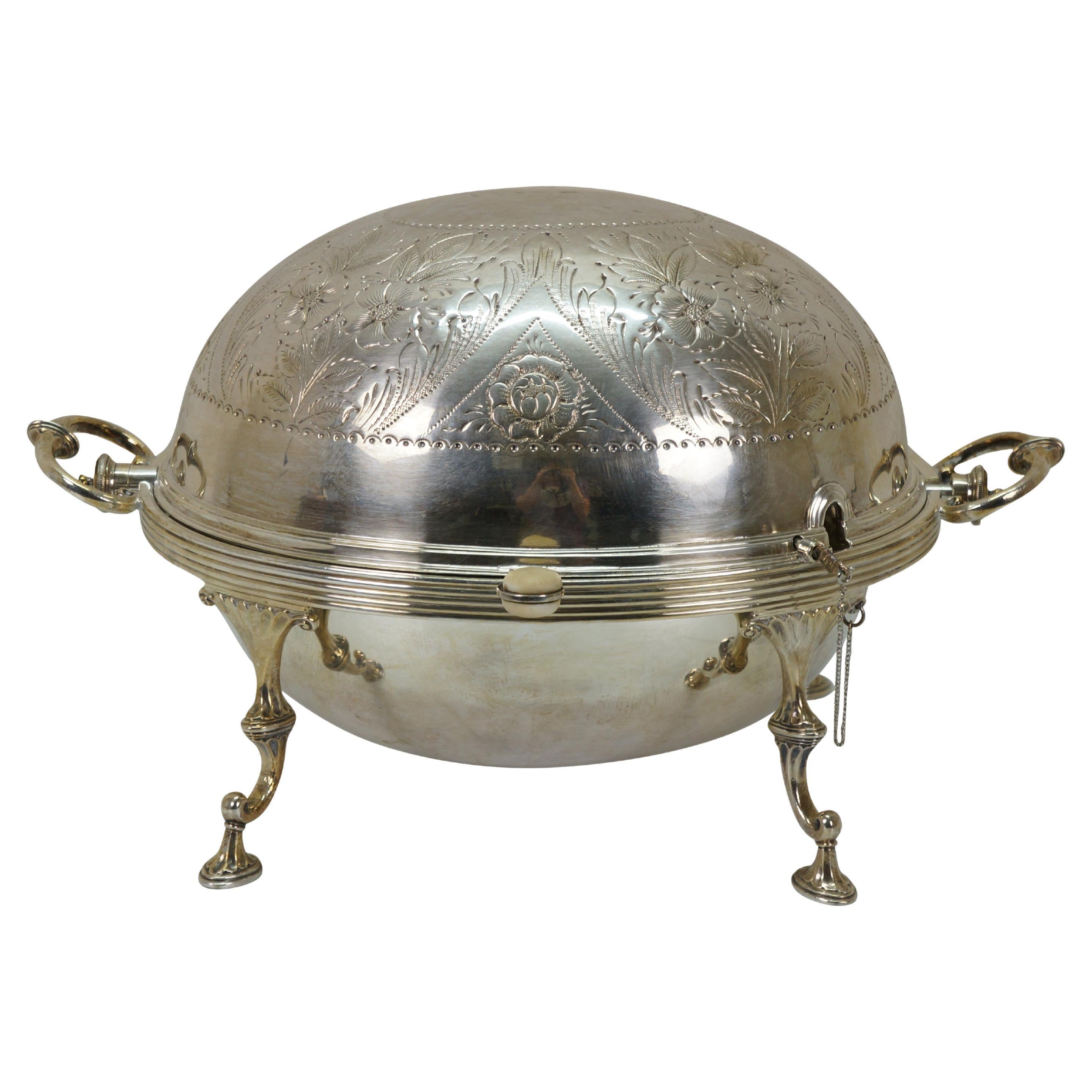 Antique Edwardian Silverplate Revolving Domed Chafing Dish Server Warmer 14" For Sale