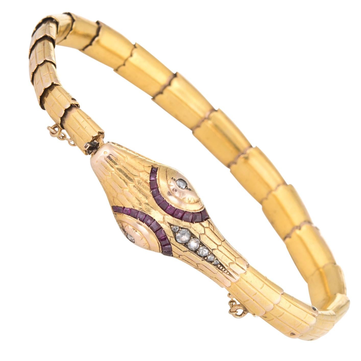 Antique Edwardian Snake Bracelet 18 Karat Yellow Gold Diamond Ruby Vintage